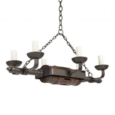 Circa 1930 1959 Rustic French Iron and Wooden Chandelier