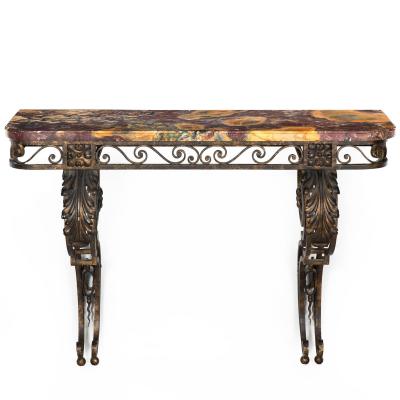 Circa 1930s Art Deco Wrought Iron Marble Console Pier Table