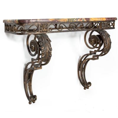 Circa 1930s Art Deco Wrought Iron Marble Console Pier Table