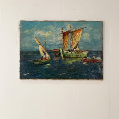 Circa 1950 Trade Ships Oil on Canvas Italy