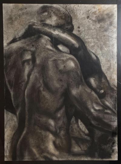 Circa 1980 Vintage Charcoal Sketch of Two Figures USA