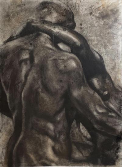 Circa 1980 Vintage Charcoal Sketch of Two Figures USA