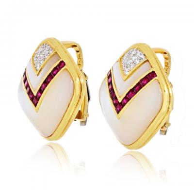 Circa 1980s 18K Yellow Gold Mother Of Pearl Diamond And Ruby Earrings
