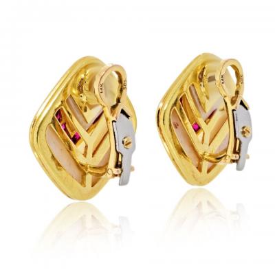 Circa 1980s 18K Yellow Gold Mother Of Pearl Diamond And Ruby Earrings