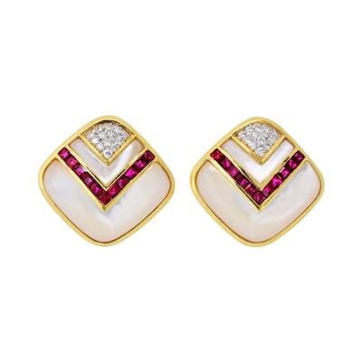 Circa 1980s 18K Yellow Gold Mother Of Pearl Diamond And Ruby Earrings