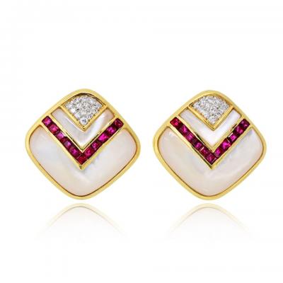 Circa 1980s 18K Yellow Gold Mother Of Pearl Diamond And Ruby Earrings
