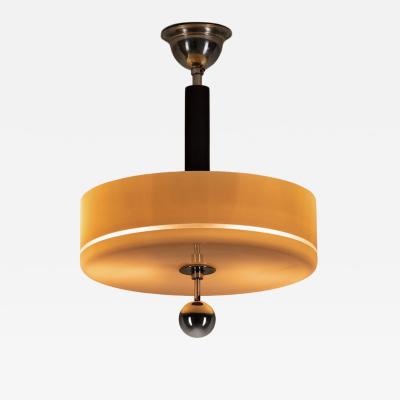 Circular Glass Ceiling Light with Chromed Metal and Ebonised Wood Europe 1930s