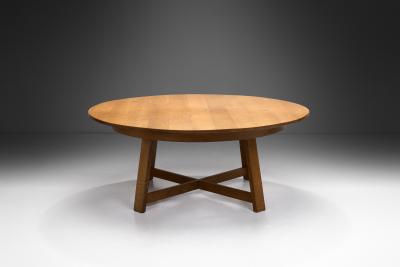 Circular Solid Wood Table with Cross Stretchers Europe ca 1960s