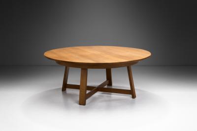 Circular Solid Wood Table with Cross Stretchers Europe ca 1960s