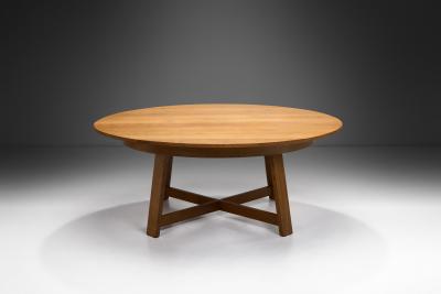 Circular Solid Wood Table with Cross Stretchers Europe ca 1960s