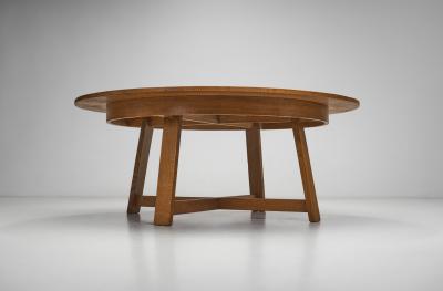 Circular Solid Wood Table with Cross Stretchers Europe ca 1960s