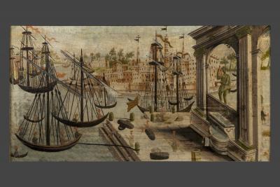 Cityscape almost certainly depicting a rare image of the Colossus of Rhodes