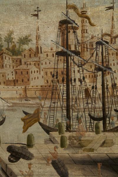 Cityscape almost certainly depicting a rare image of the Colossus of Rhodes