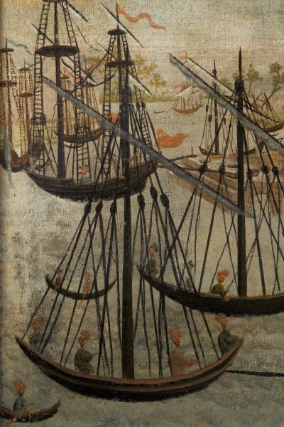 Cityscape almost certainly depicting a rare image of the Colossus of Rhodes