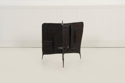 Claire McCarthy Falkenstein Brutalist Tripod Floor Sculpture c 1955 Blackened Steel Orange Crystal