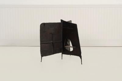 Claire McCarthy Falkenstein Brutalist Tripod Floor Sculpture c 1955 Blackened Steel Orange Crystal