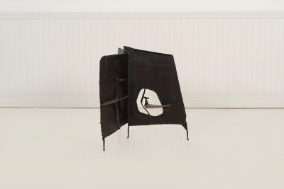 Claire McCarthy Falkenstein Brutalist Tripod Floor Sculpture c 1955 Blackened Steel Orange Crystal