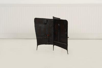 Claire McCarthy Falkenstein Brutalist Tripod Floor Sculpture c 1955 Blackened Steel Orange Crystal