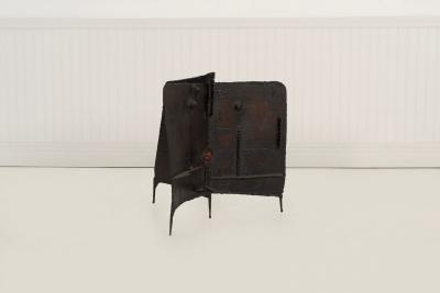 Claire McCarthy Falkenstein Brutalist Tripod Floor Sculpture c 1955 Blackened Steel Orange Crystal