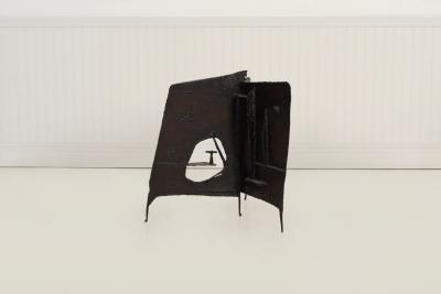 Claire McCarthy Falkenstein Brutalist Tripod Floor Sculpture c 1955 Blackened Steel Orange Crystal