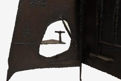 Claire McCarthy Falkenstein Brutalist Tripod Floor Sculpture c 1955 Blackened Steel Orange Crystal