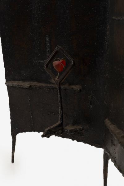 Claire McCarthy Falkenstein Brutalist Tripod Floor Sculpture c 1955 Blackened Steel Orange Crystal