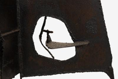 Claire McCarthy Falkenstein Brutalist Tripod Floor Sculpture c 1955 Blackened Steel Orange Crystal