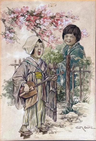 Clara Miller Burd Japanese Children in Traditional Dress Playing Shamisen Woman Artist