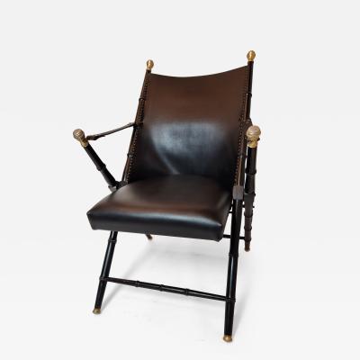 Classic Italian Folding Campaign Chair In Black Leather c 1965