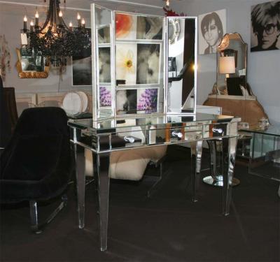 Classic Modern Mirrored Vanity Desk with Triptych Mirror