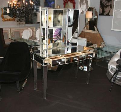 Classic Modern Mirrored Vanity Desk with Triptych Mirror