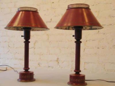 Classic Pair of French Red Painted Tole Tin Table Lamps France circa 1930