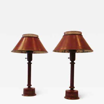 Classic Pair of French Red Painted Tole Tin Table Lamps France circa 1930
