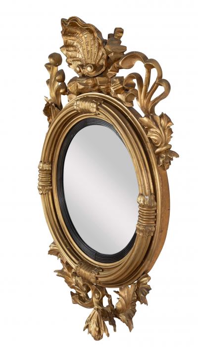 Classical 19th Century Giltwood Convex Mirror with Shell Surmount