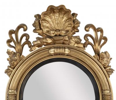 Classical 19th Century Giltwood Convex Mirror with Shell Surmount