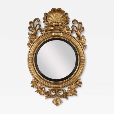 Classical 19th Century Giltwood Convex Mirror with Shell Surmount