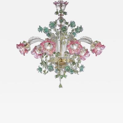 Classical Luxury Venetian Pink and Green Floreal Murano Glass Chandelier