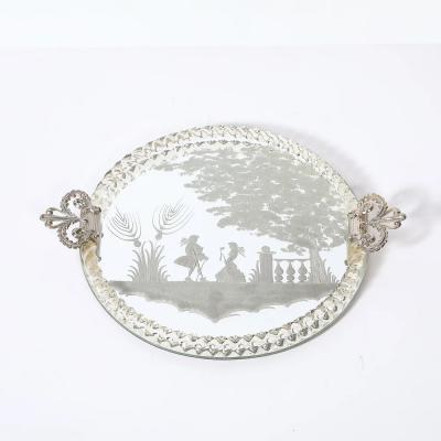 Classical Reversed Etched Mirrored Tray w Pastoral Scene Twisted Glass Border