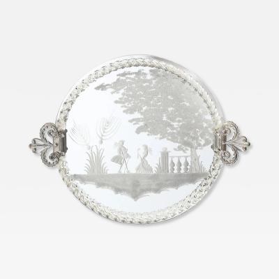 Classical Reversed Etched Mirrored Tray w Pastoral Scene Twisted Glass Border