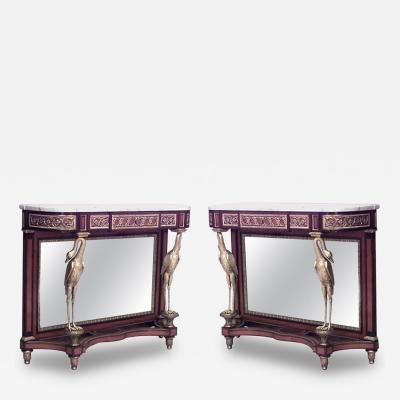 Claude Charles Saunier Pair of Saunier French Louis XVI Style Mahogany Mirrored Marble Console Tables