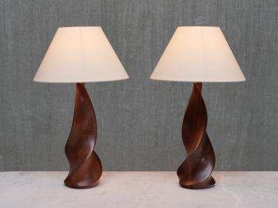 Claude Chauvy Sculptural Pair of Claude Chauvy Table Lamps in Mahogany France 1950s