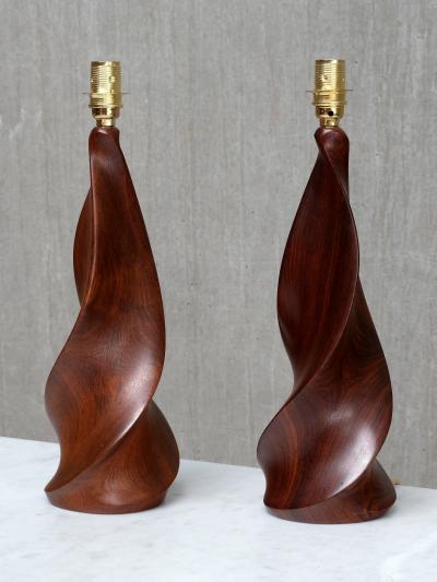 Claude Chauvy Sculptural Pair of Claude Chauvy Table Lamps in Mahogany France 1950s