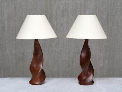 Claude Chauvy Sculptural Pair of Claude Chauvy Table Lamps in Mahogany France 1950s