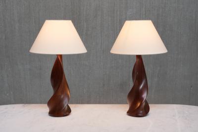 Claude Chauvy Sculptural Pair of Claude Chauvy Table Lamps in Mahogany France 1950s