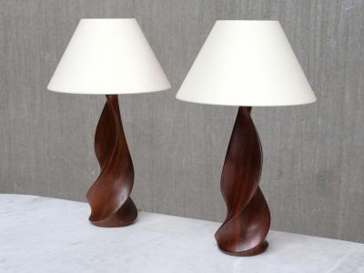 Claude Chauvy Sculptural Pair of Claude Chauvy Table Lamps in Mahogany France 1950s