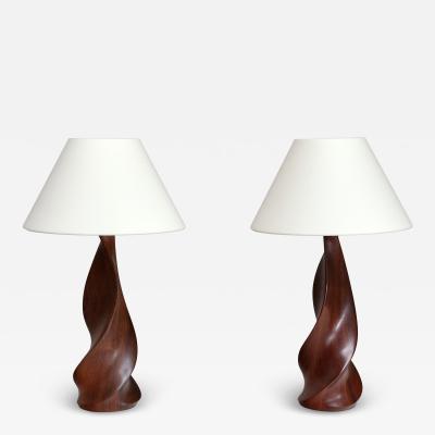 Claude Chauvy Sculptural Pair of Claude Chauvy Table Lamps in Mahogany France 1950s