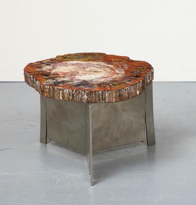 Claude De Muzac Rare Petrified Wood and Steel Side Table by Sculptor Claude De Muzac France