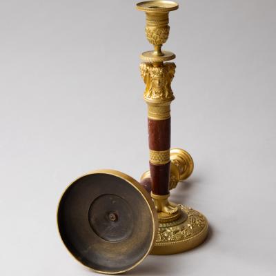 Claude Galle PAIR OF FRENCH EMPIRE GILT BRONZE AND MARBLE CANDLESTICKS