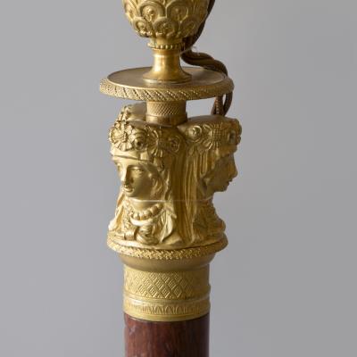 Claude Galle PAIR OF FRENCH EMPIRE GILT BRONZE AND MARBLE CANDLESTICKS CONVERTED TO LAMPS