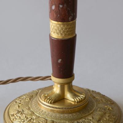 Claude Galle PAIR OF FRENCH EMPIRE GILT BRONZE AND MARBLE CANDLESTICKS CONVERTED TO LAMPS